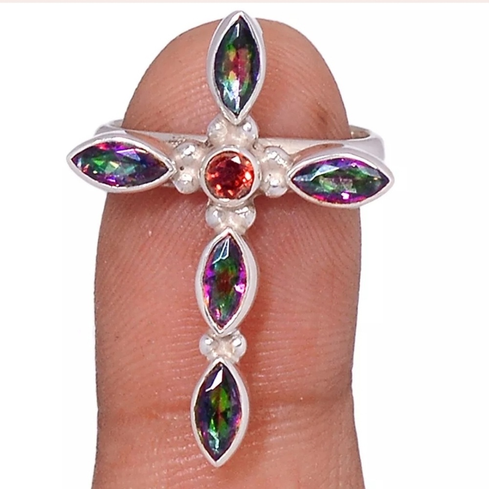 GENUINE Artisan Rainbow topaz .925 cross ring 6